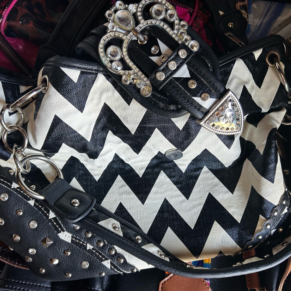 Black and White Chevron Handbag with Studded Details